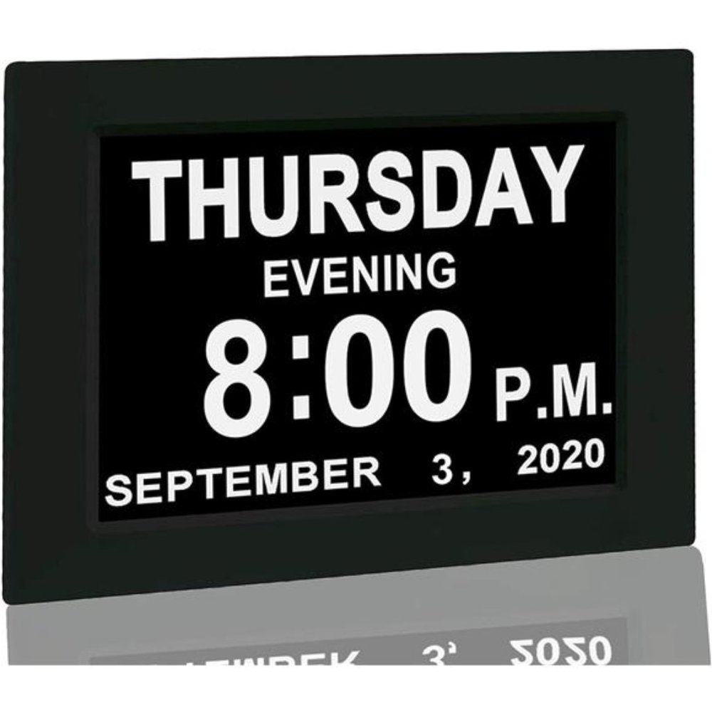 Digital Calendar Alarm Day Clock - with 8” Screen Display, am pm, 5 Alarm